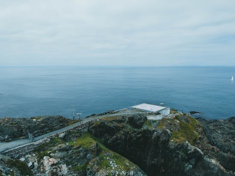 Aerial view of a coastal helipad overlooking a vast ocean under blue skies, featuring rocky cliffs.