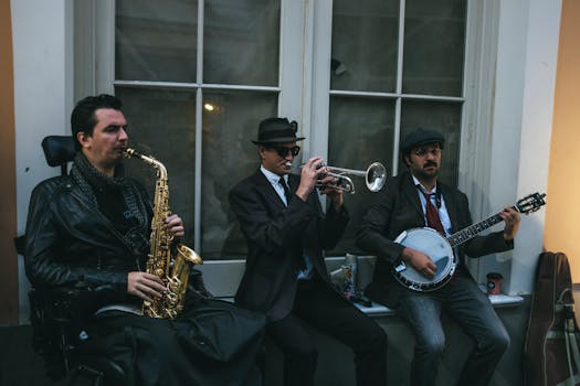 Three street musicians perform with saxophone, trumpet, and banjo.