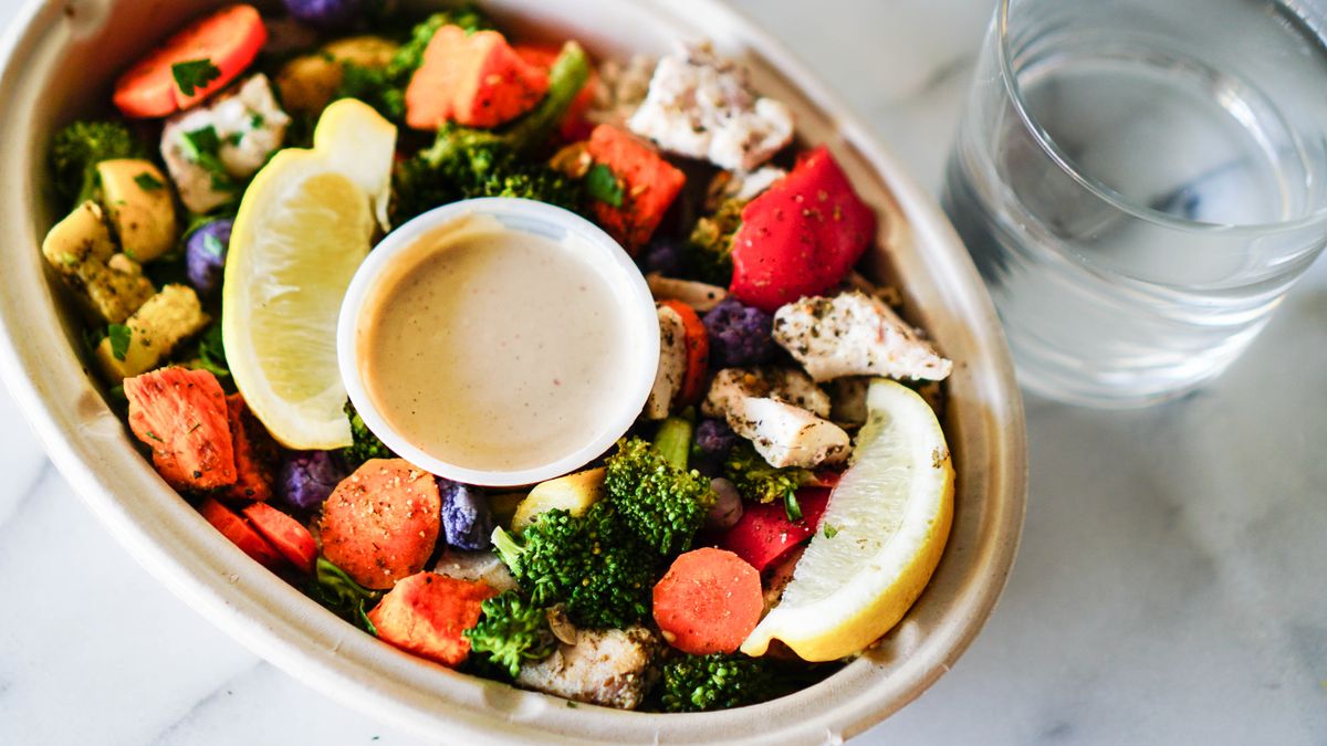 Tahini bowl with broccoli and parsley
