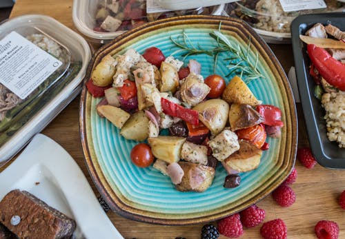 Cooked Food on Blue Ceramic Plate