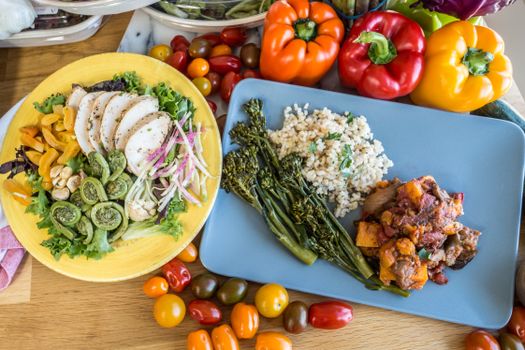 A vibrant, healthy vegetarian meal featuring fresh vegetables and grains, ideal for health-conscious food enthusiasts.