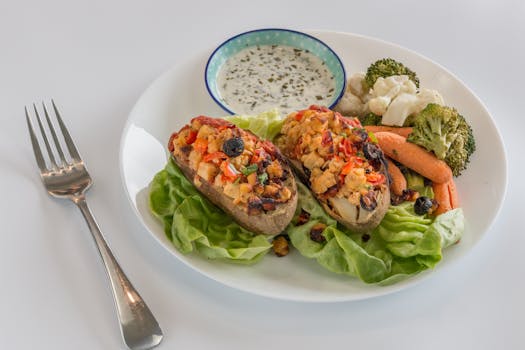 Delicious baked potato with mixed vegetables and a side of creamy herb dip.