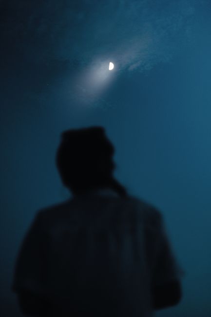 A silhouette of a person outdoors at night, gazing at a moonlit sky with fog and blue hues.