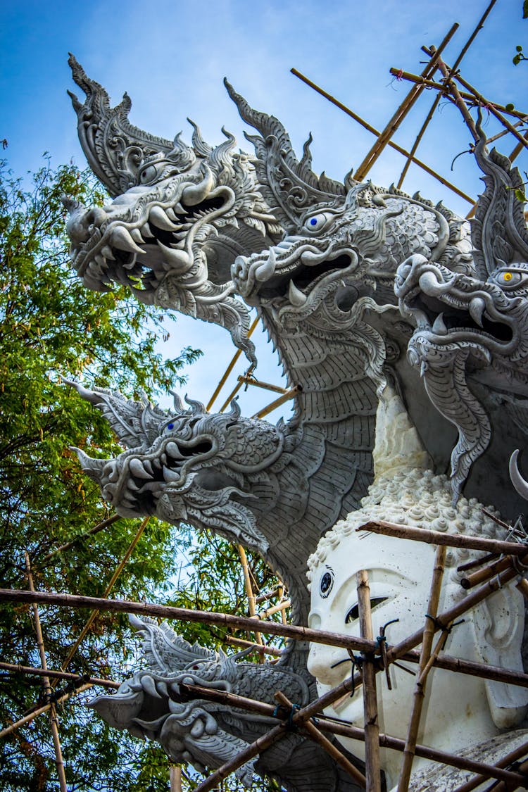 White Buddha With Dragon Concrete Statue E