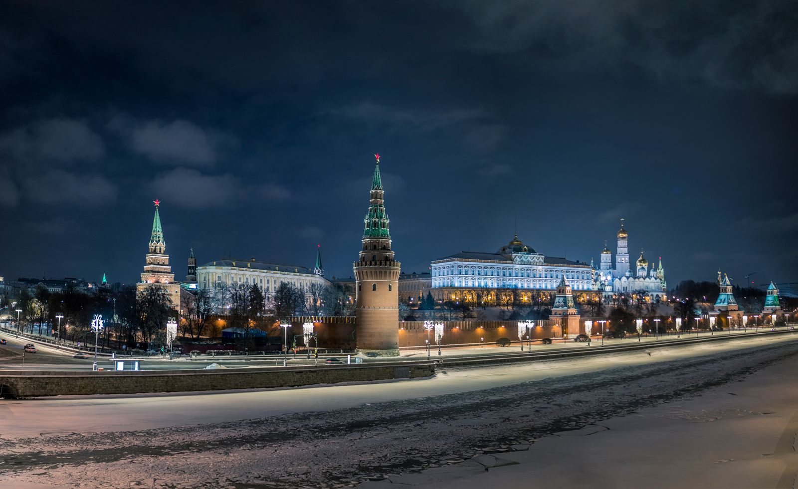 Moscow Kremlin at night winter illuminated towers red stars
