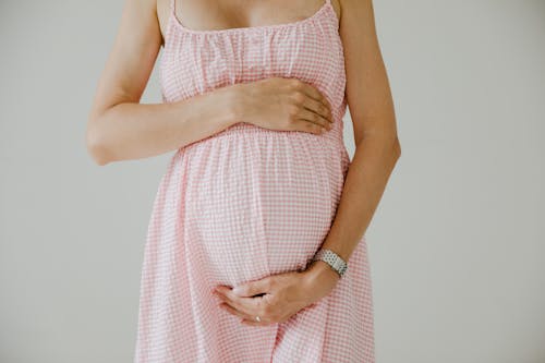 Close Up Photo of Pregnant Woman Wearing Pink Checkered Dress