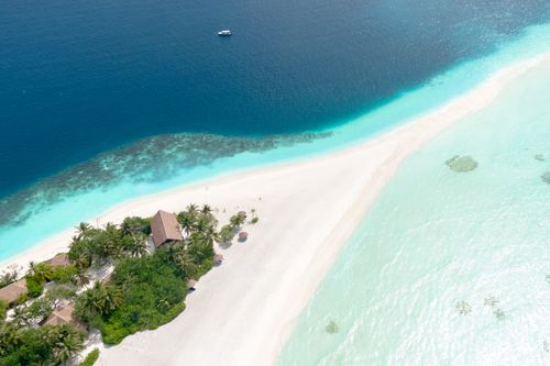 Free A stunning aerial shot of a pristine beach in Kaafu Atoll, Maldives, showcasing turquoise waters and white sand. Stock Photo