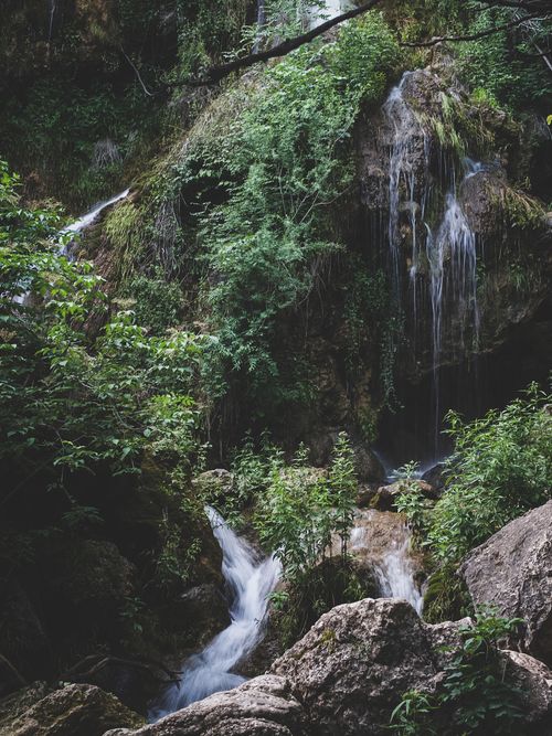Free Peaceful waterfall cascading in a lush green forest, offering a sense of tranquility and natural beauty. Stock Photo