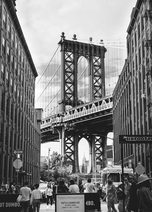Grayscale Photo of a Bridge Near Buildings