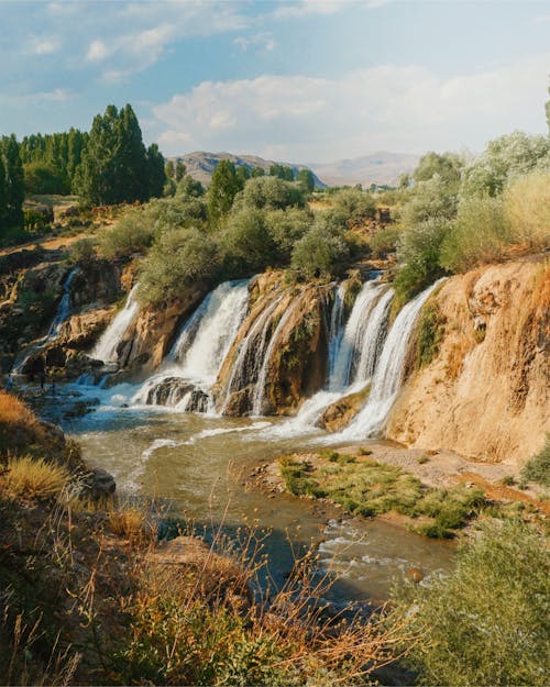 Cascading Waterfalls Surrounded with Shrubs