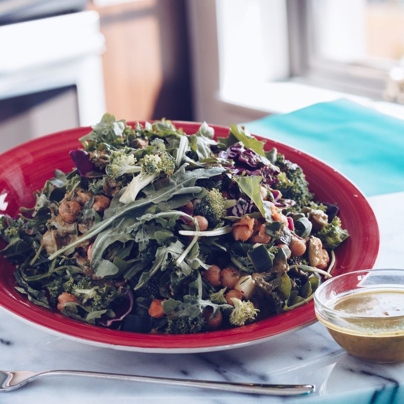 Crispy Chickpea and Greens Freekeh Salad with Pomegranate and Cumin