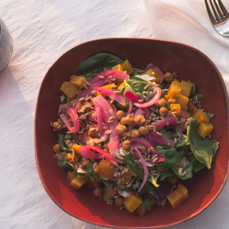Turnip Green Salad with Roasted Garlic and Chickpeas