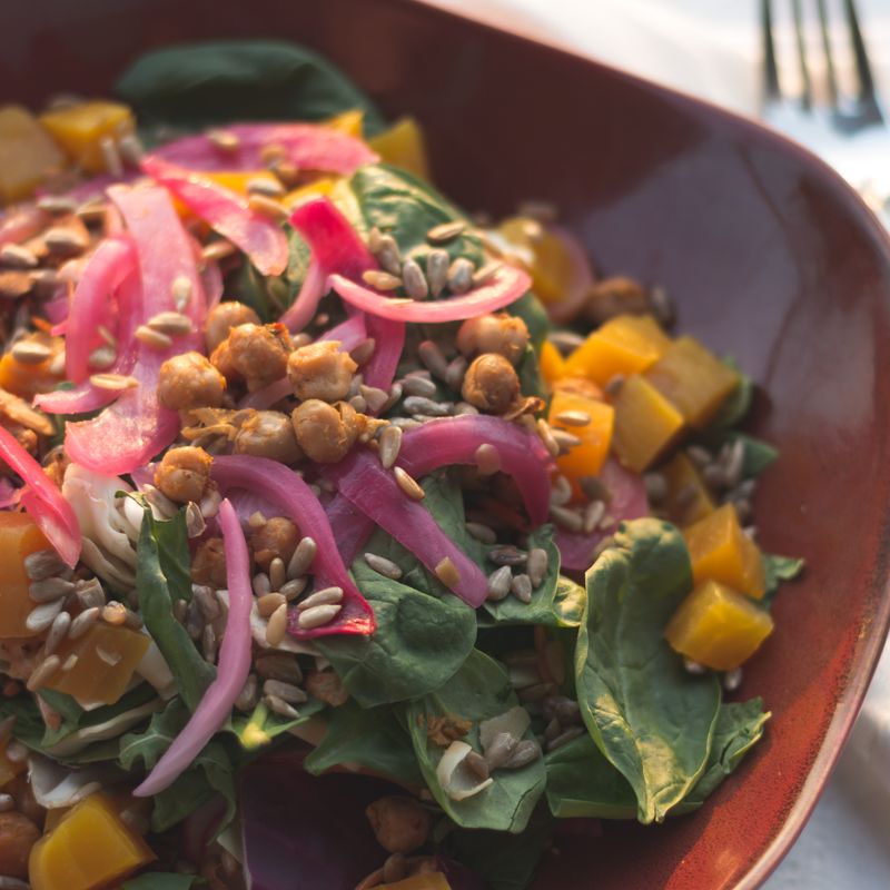Warm Roasted Butternut Squash and Kale Farro Bowl Salad
