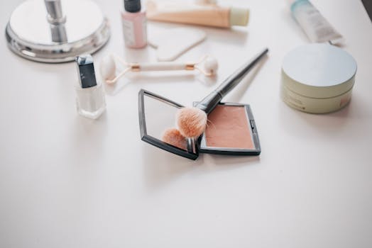Image of makeup essentials including brushes, compacts, and creams on a vanity table.