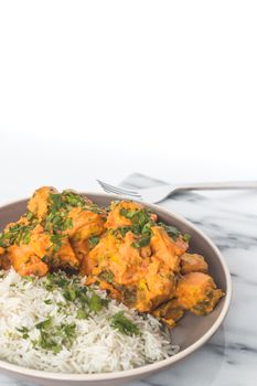 Enjoy this spicy chicken curry with white rice, garnished to perfection.
