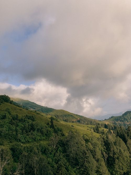 Free Picturesque view of green hills slopes covered with lush trees under cloudy sky Stock Photo