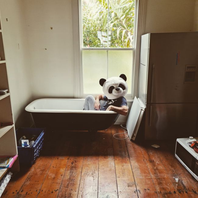 Photo by Stuart Nimmo on Pexels Playful scene with a person in a panda costume in a bathtub indoors.