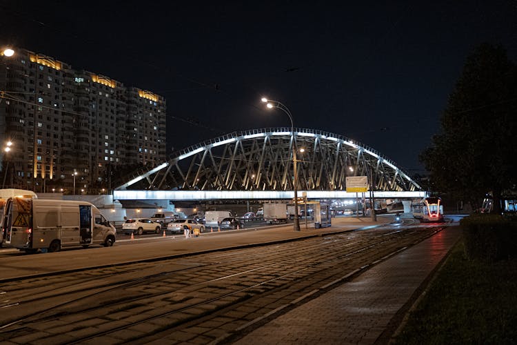 Illuminated Railway Overpass In Moscow At Night