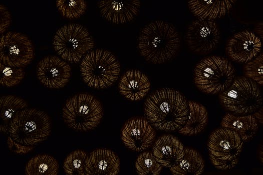 黑暗的房间里，设计复杂的吊灯投射出温暖的光芒，令人惊叹