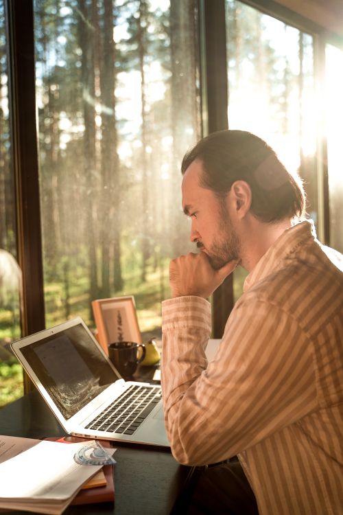 Free Man working on a laptop in a sunlit forest setting, hand on chin, contemplating. Stock Photo