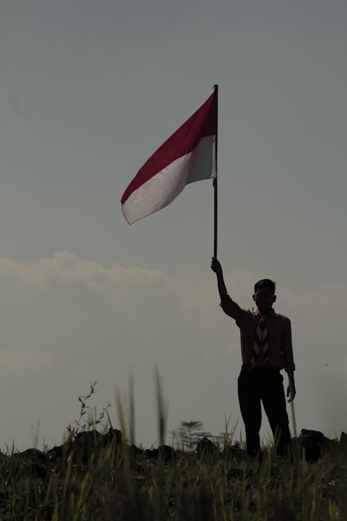 Young Boy Holding a Flag Standing on Field