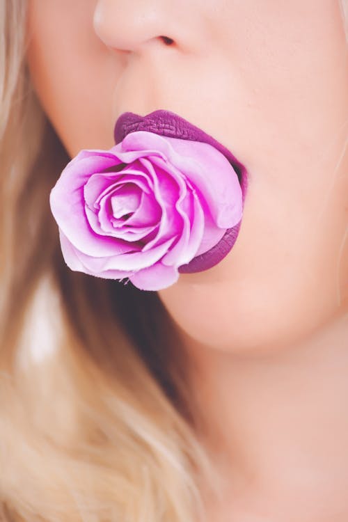 Rosa Rosenblume Auf Dem Mund Der Frau