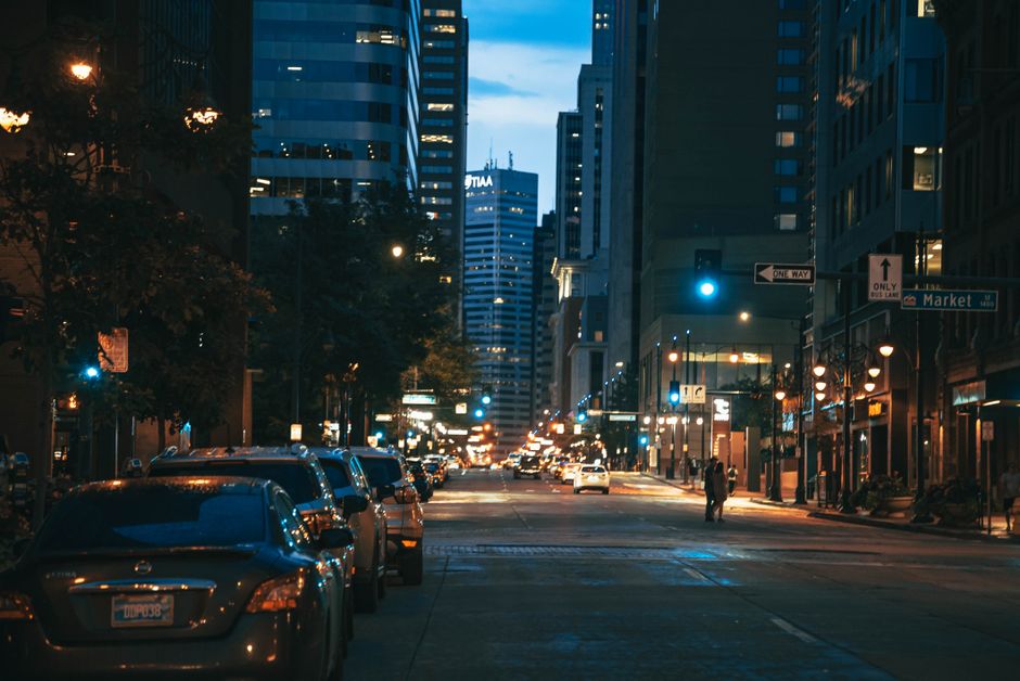 Explore the bustling streets of downtown Denver, Colorado, captured in stunning detail during the soft evening light.