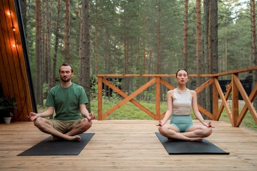 Free Man and woman meditating in lotus position on a wooden deck in a serene forest setting. Stock Photo