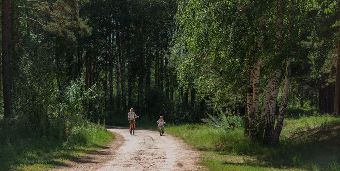 A mother and child enjoy a leisurely bike ride on a sunny forest path.