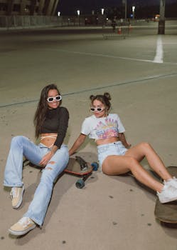 Two teenage girls pose with skateboards at night, wearing trendy fashion and sunglasses.