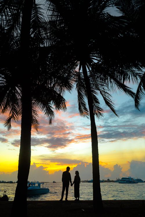 Free A couple holding hands, silhouetted against a vivid sunset by the ocean with palm trees. Stock Photo