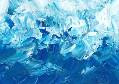 Dynamic abstract painting with blue and white brushstrokes, evoking ocean waves.