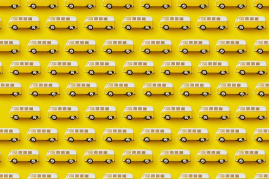 A vibrant design featuring a repeating pattern of yellow and white retro vans on a bright yellow background.