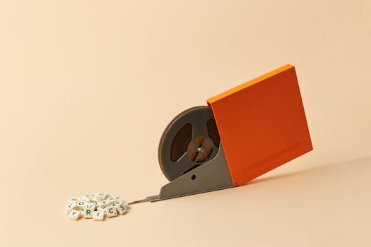 A vintage tape reel with Scrabble letters spelling 'LYRICS' on a minimalist beige backdrop.