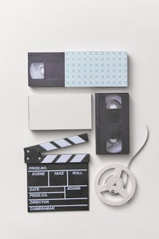 Flat lay of vintage video equipment including cassettes and clapperboard on white backdrop.