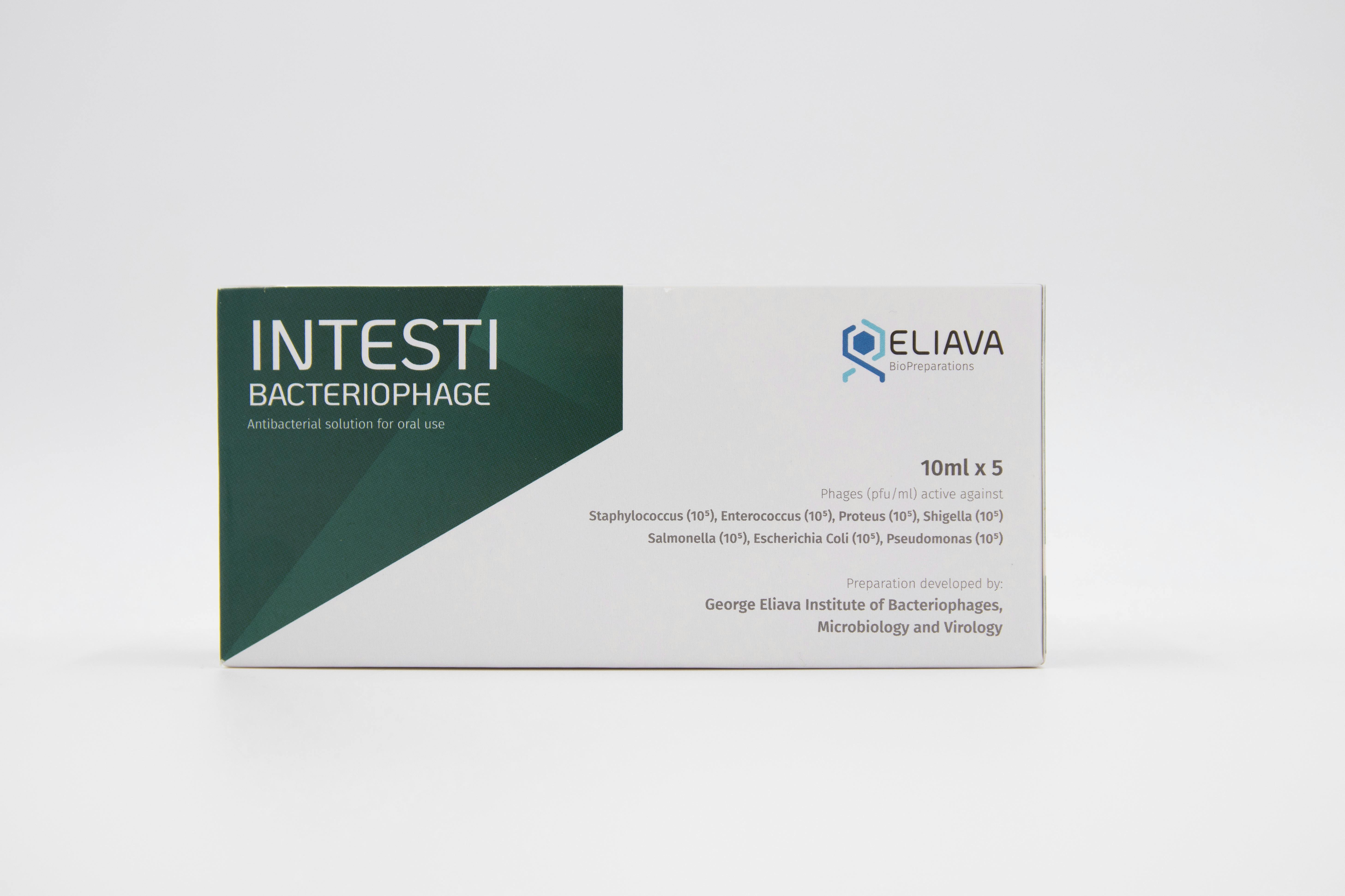 Box of Intesti Bacteriophage, an antibacterial solution for oral use.