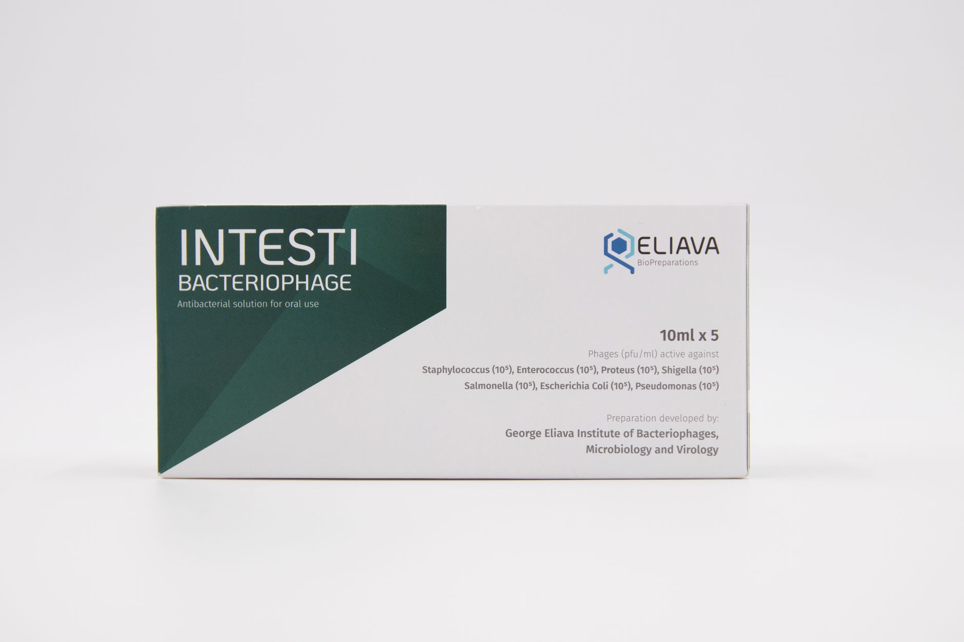 Box of Intesti Bacteriophage, an antibacterial solution for oral use.