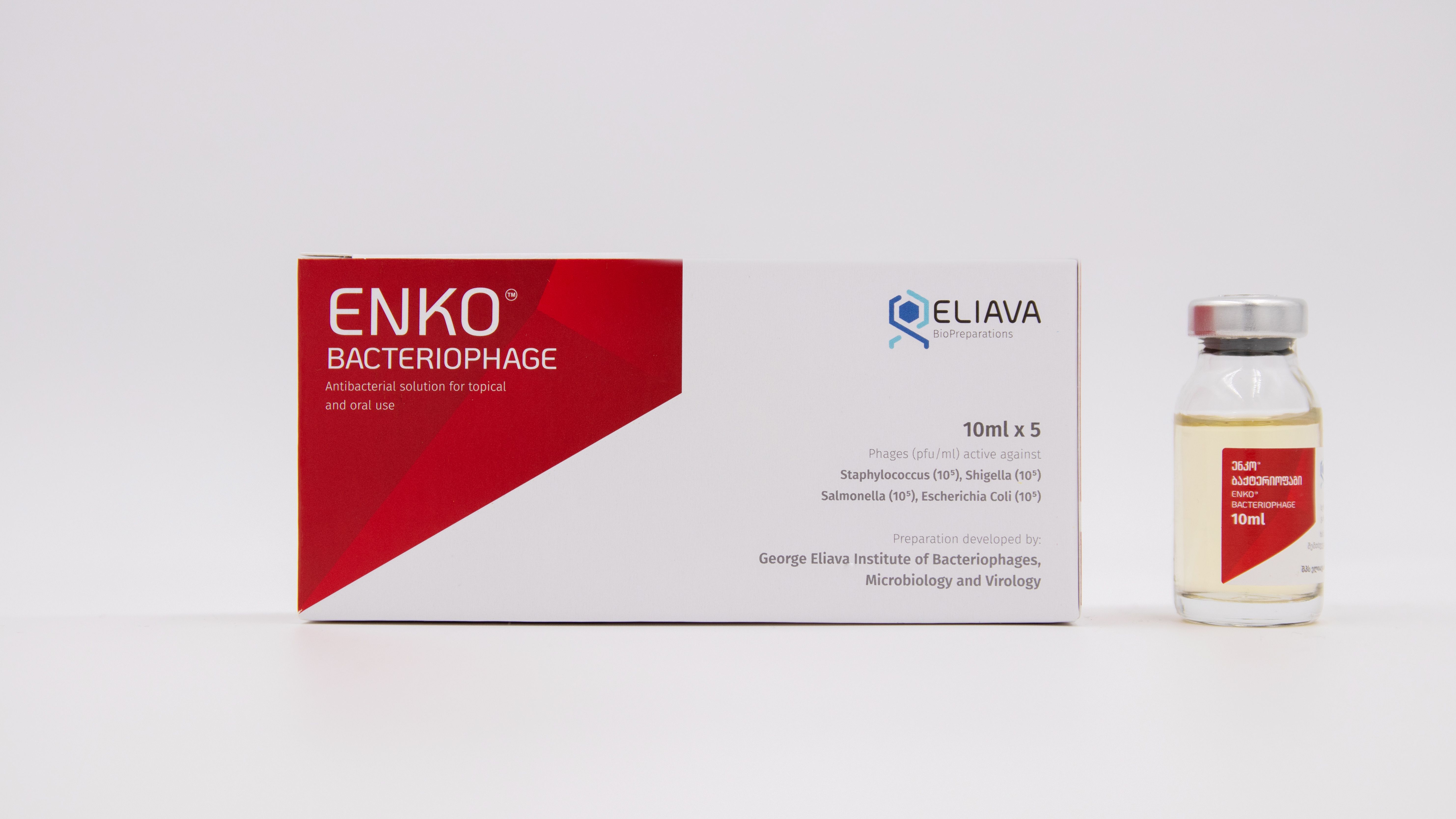 Close-up of ENKO bacteriophage box and vial for antibacterial use on a white background.
