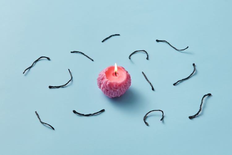 Studio Shot Of A Burning Candle Surrounded By Burnt Wicks