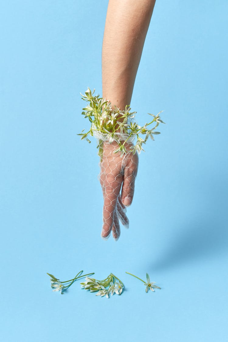 Hand In A Plastic Net With Flowers 