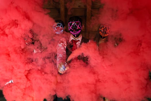 A group dressed in LED masks creating an eerie atmosphere with vibrant red smoke flares.