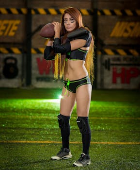 Strong female athlete in minimal sportswear holding a football on a well-lit indoor field.
