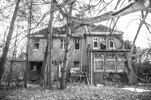 这张黑白照片令人毛骨悚然，拍的是一栋废弃房屋，气氛十分诡异