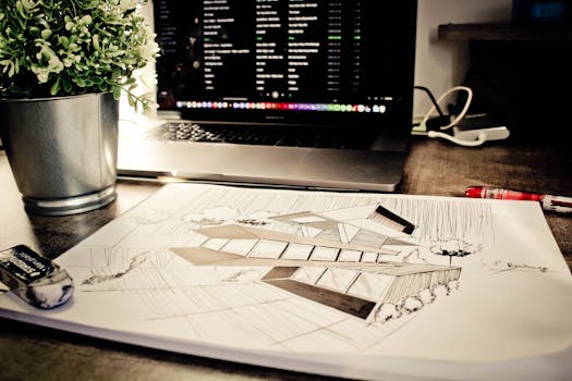Architectural sketch on a desk alongside a laptop and plant in an office setting.