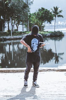 A man in casual attire prepares to fly a drone by a lake in a sunny park.