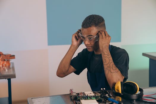 Man sitting in workshop adjusting safety goggles, with tattood arms, focusing on electronics.