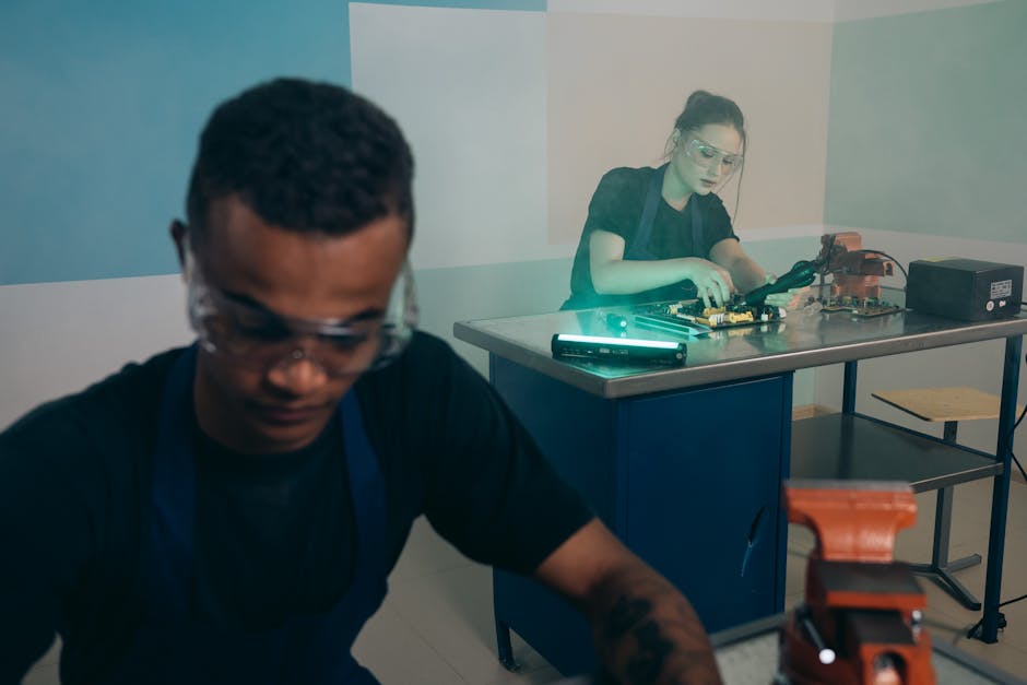 AV technicians collaborating on wiring setup - audio visual contractors near me AV technicians collaborating on wiring setup - audio visual contractors near me