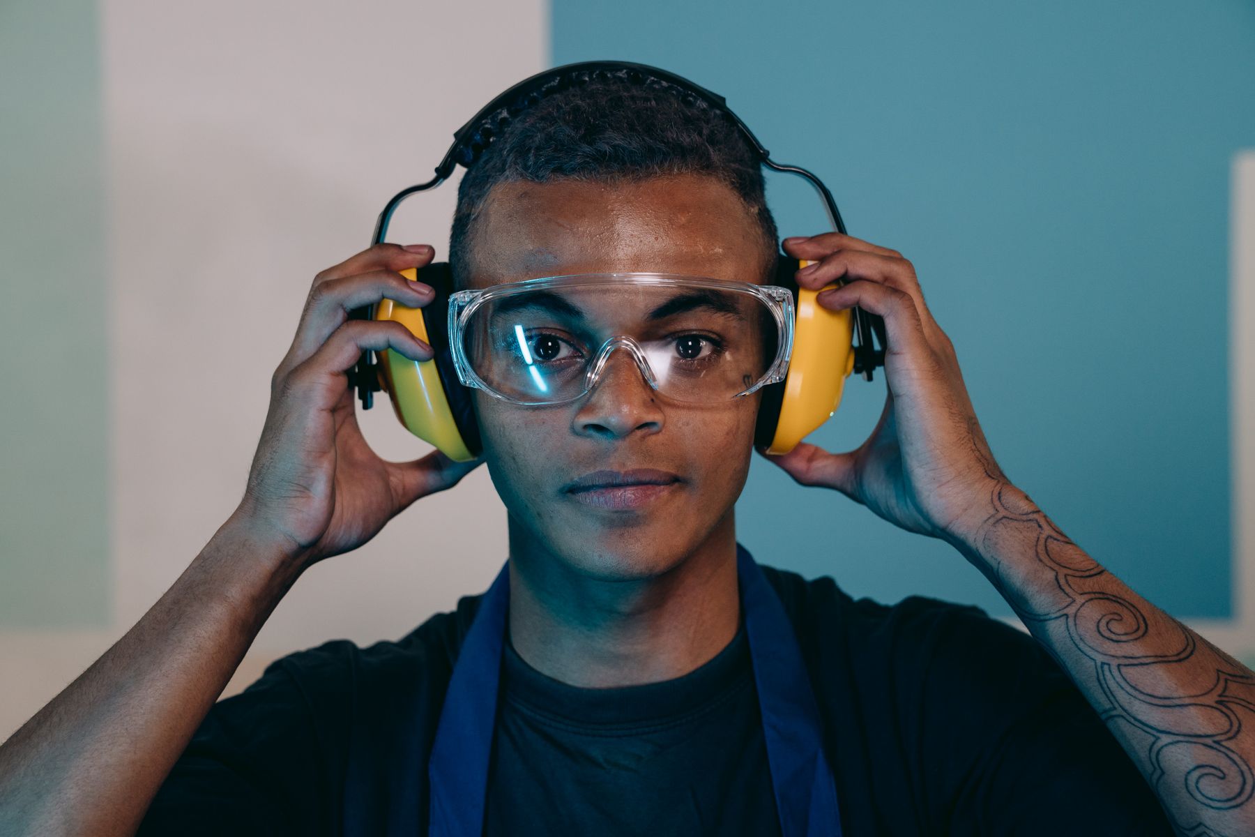 Close-up of industrial hearing-protection earmuffs