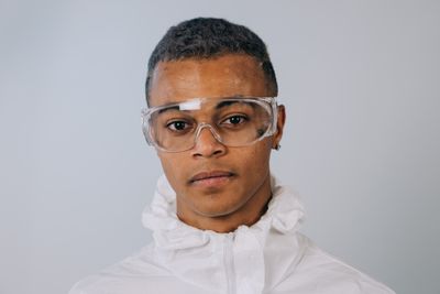 Clear impact-resistant protective eyewear, representing polycarbonate toughness