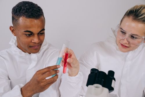 Free Two scientists in protective gear examining test tubes in a lab setting. Stock Photo